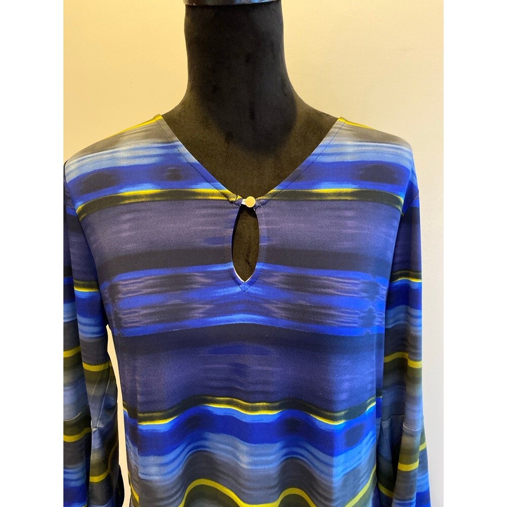 Ellen Tracy Blouse Sz Large Top Blue Green Bell Sleeves Flare Bottom + Stretch - Picture 2 of 10